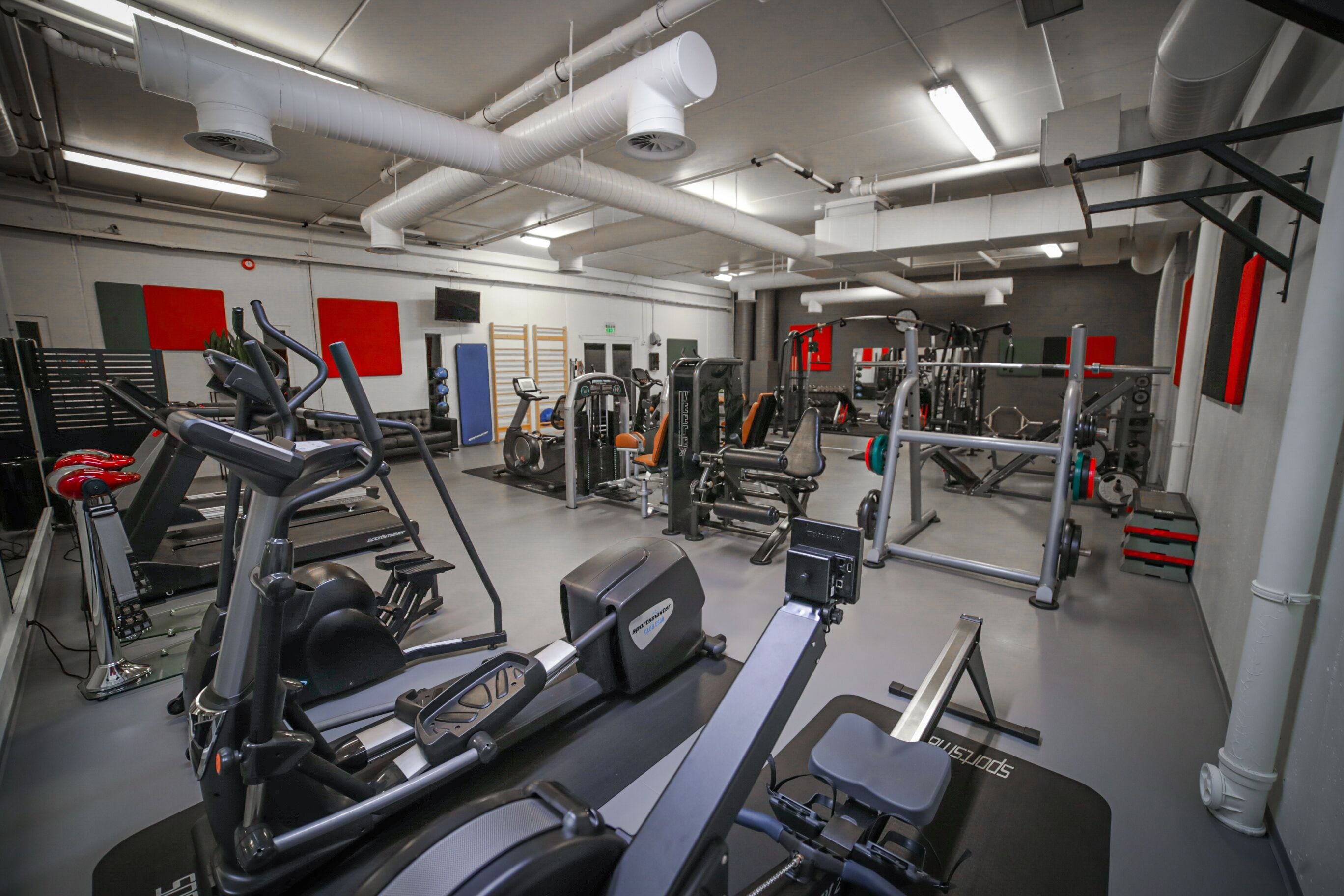 Un gimnasio con diferentes equipos de ejercicio, incluyendo cintas de correr, máquinas de pesas y pesas libres.