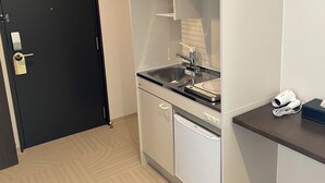 Een kleine keuken met een spoelbak, vaatwasser en een aanrecht met een haardroger en zakdoekjes.