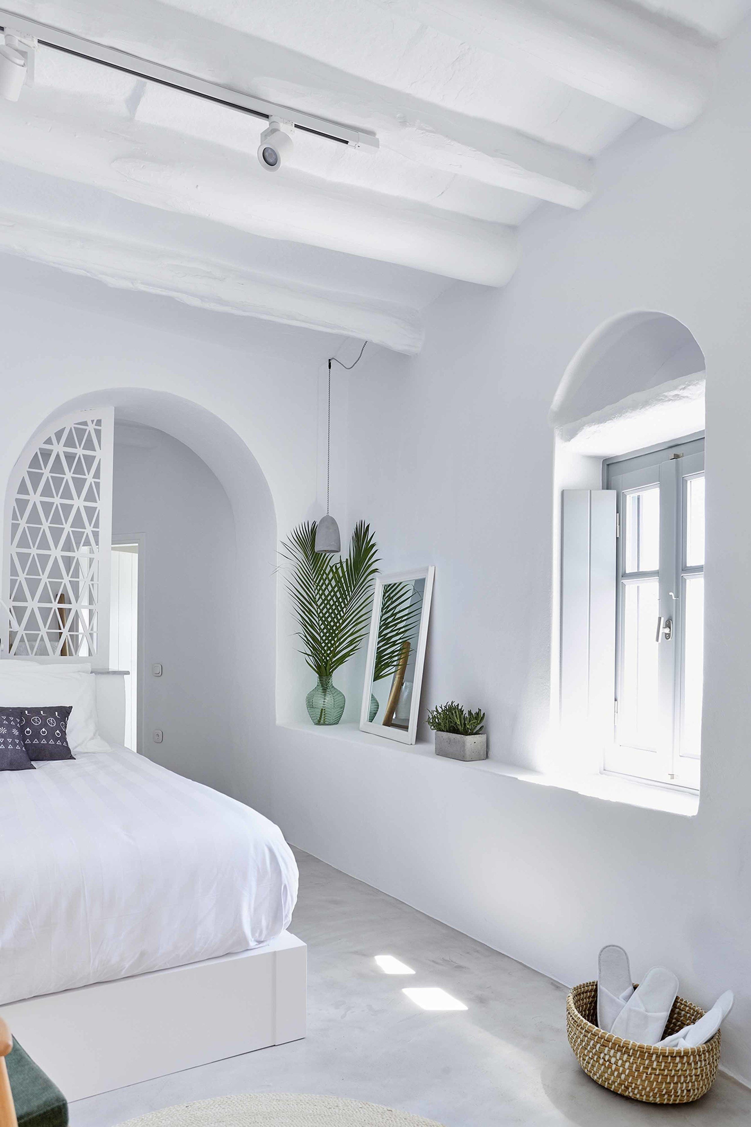 A minimalist bedroom with a bed, a window, and a wall-mounted plant.