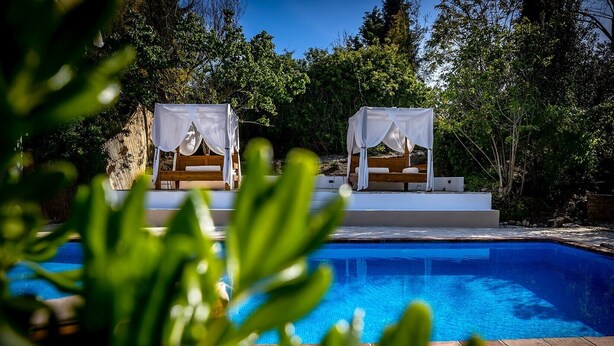 Una piscina con dos zonas de estar cubiertas, rodeada de follaje.