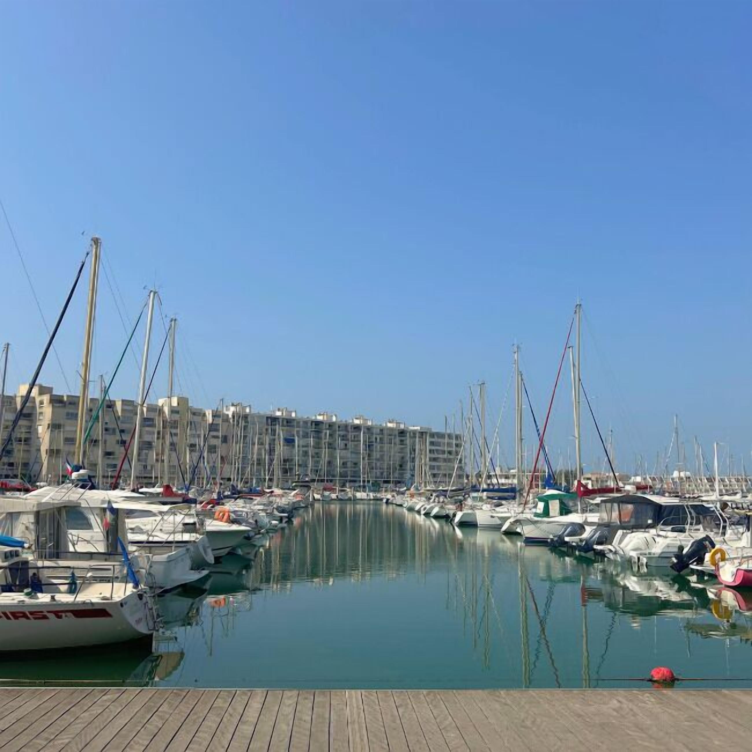 A marina with numerous boats docked, a wooden dock in the foreground, and buildings in the background.
