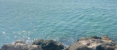 Un rivage rocheux bordé d’une eau d’un bleu limpide.