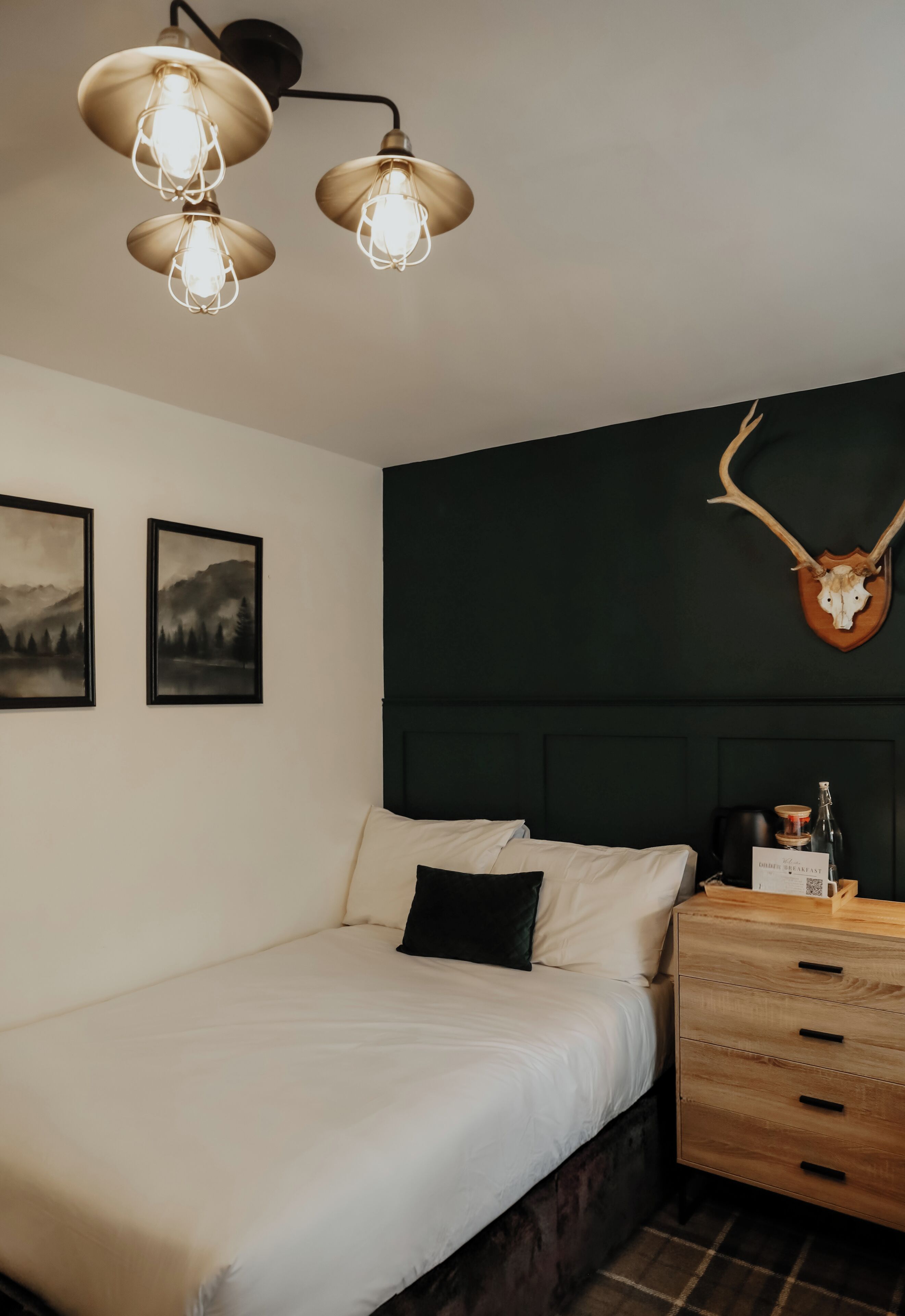 A bedroom with a bed, a dresser, wall-mounted lights, and two framed pictures.