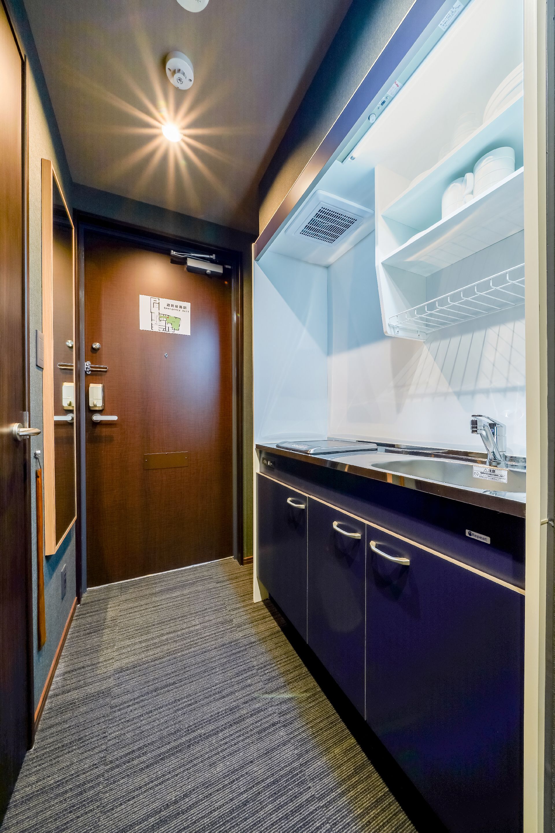 A narrow hallway with a carpeted floor, a door with a sign, a sink, and a mirror.