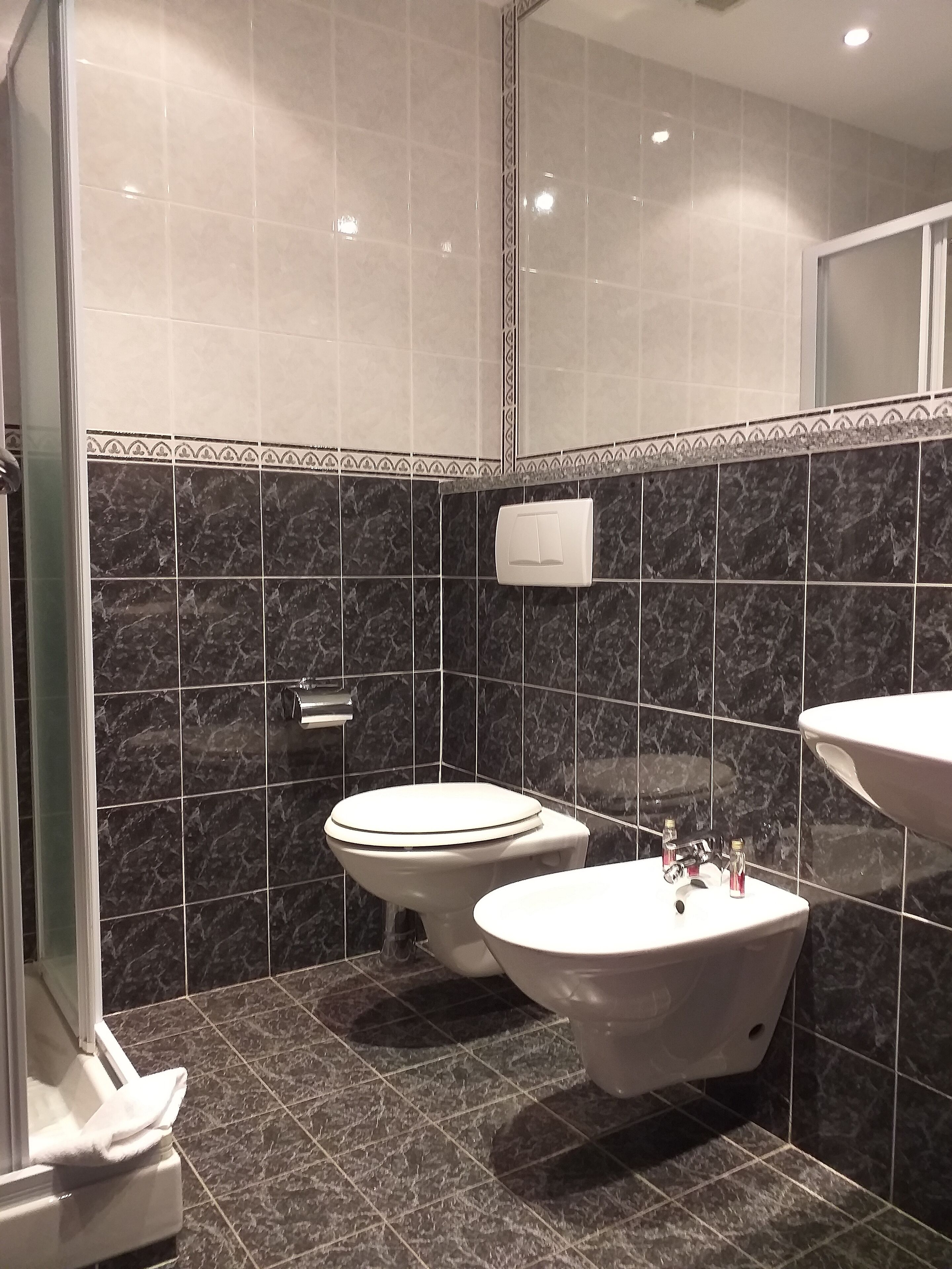 A bathroom with two toilets, a sink, and a shower area.