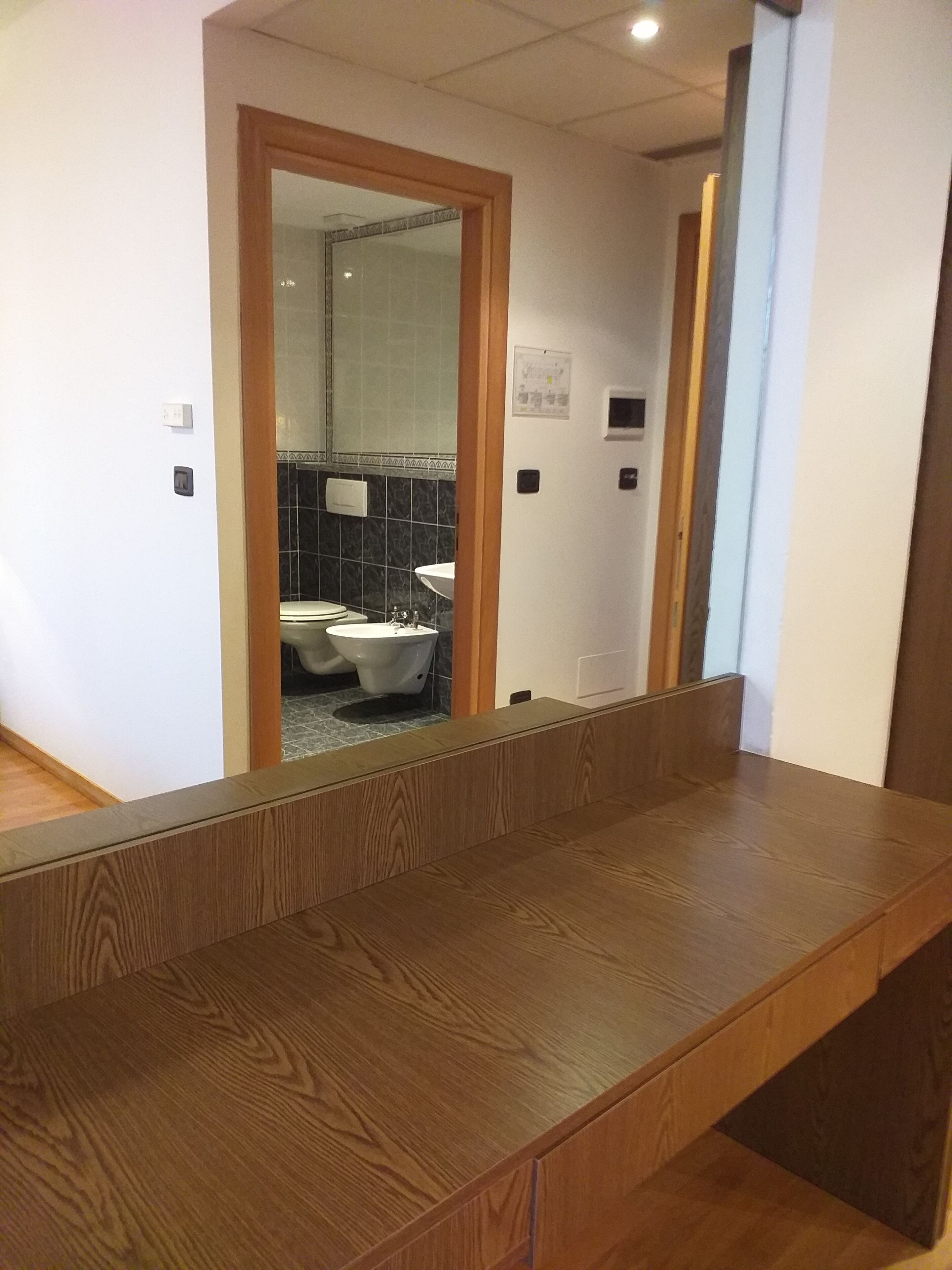A wooden counter with a mirror above it, leading to a bathroom with a toilet and sink.