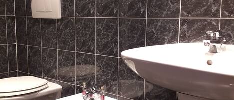 Een moderne badkamer met twee toiletten, een groot wastafel en een douchegedeelte.