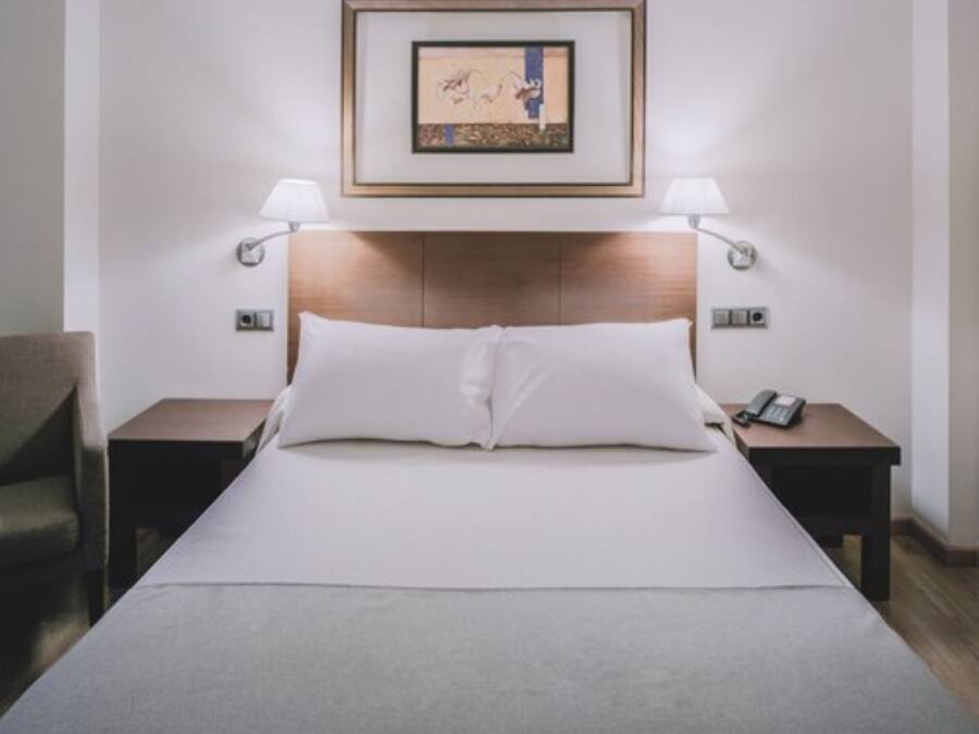 Una habitación de hotel con una cama, dos mesitas de noche, una silla, un cuadro enmarcado en la pared y una lámpara sobre cada mesita de noche.