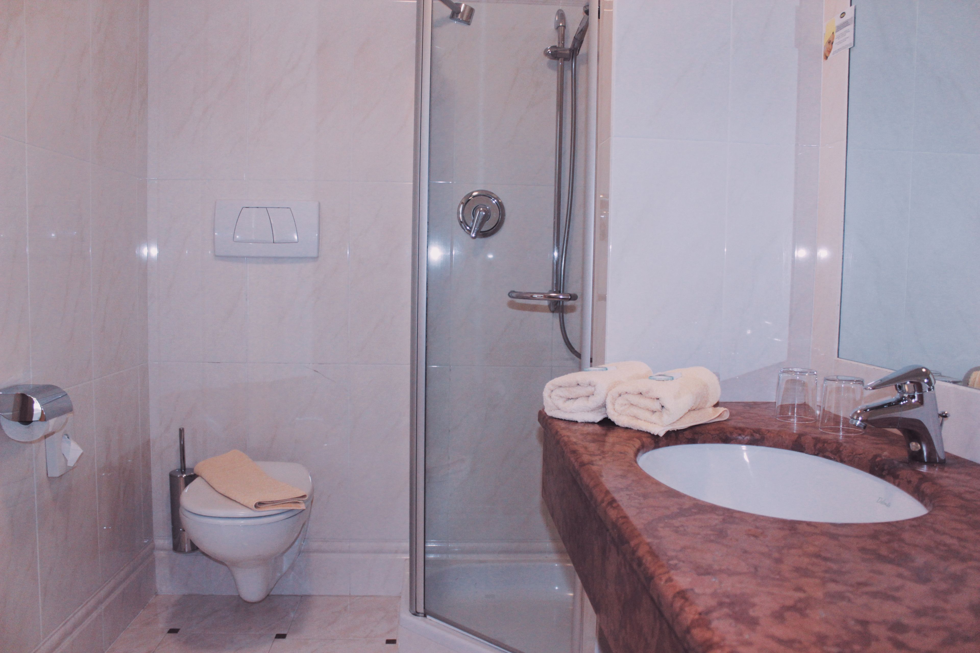 basic double room | bathroom | shower, hair dryer, bidet, towels