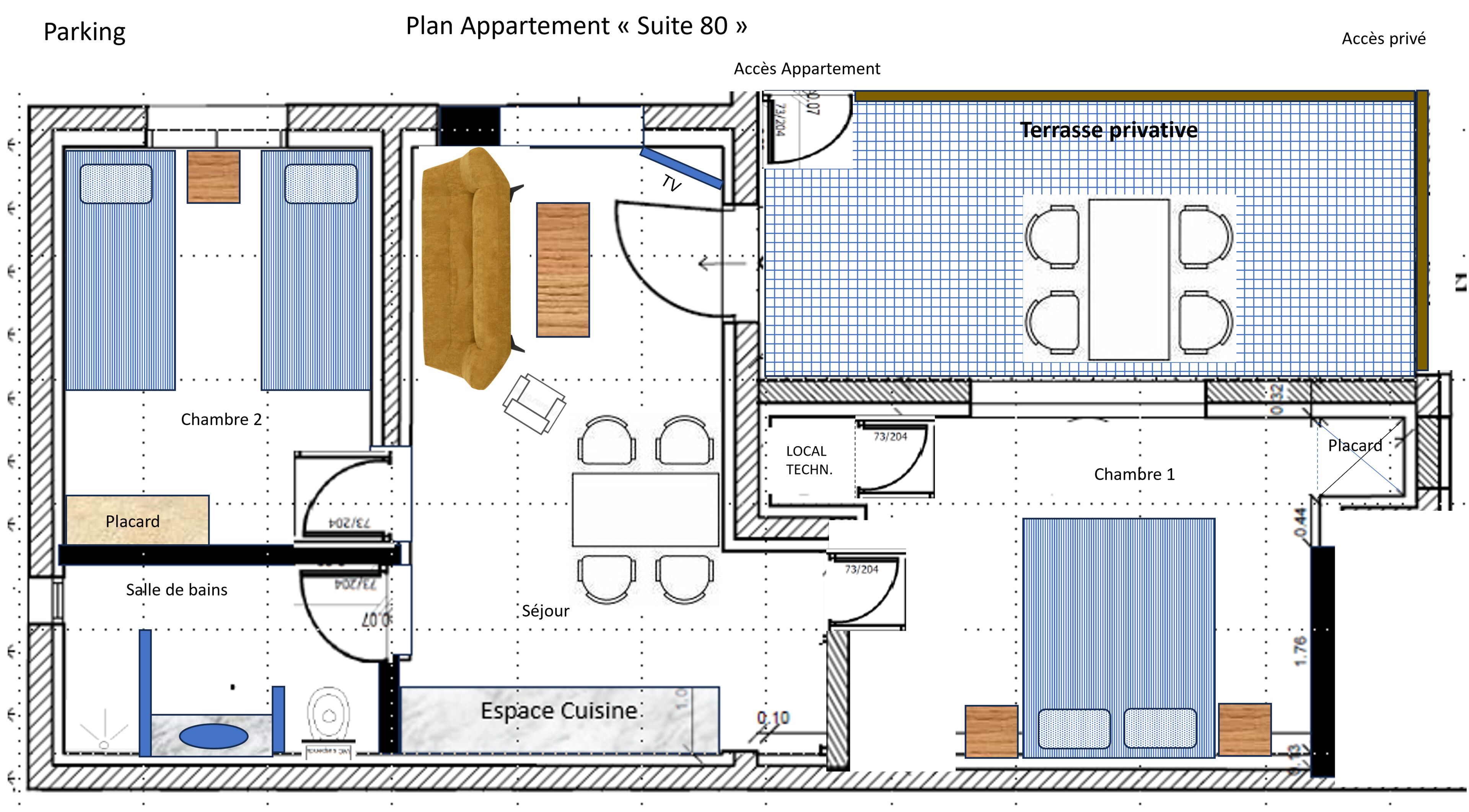 Plano de planta de una suite de hotel con terraza privada, cocina, sala de estar, baño y zona de estacionamiento.