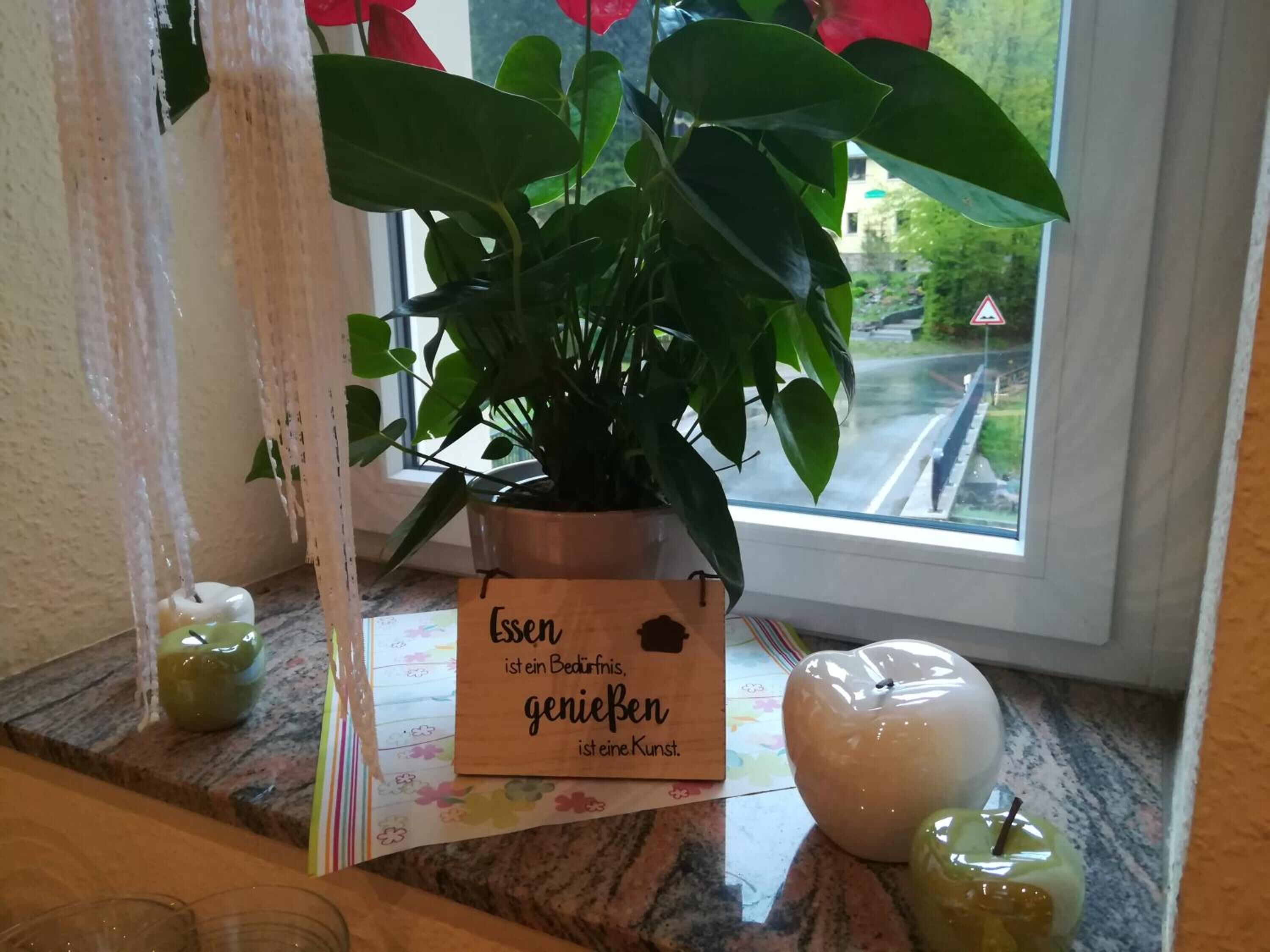 A potted plant with a wooden sign on a counter near a window.