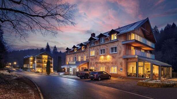 A hotel with a modern design, featuring multiple floors and large windows. - Hotel Ladenmühle (Altenberg)