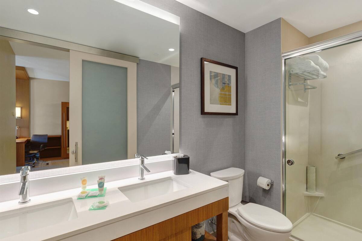 suite, 2 queen beds with sofa bed | bathroom | hair dryer, towels