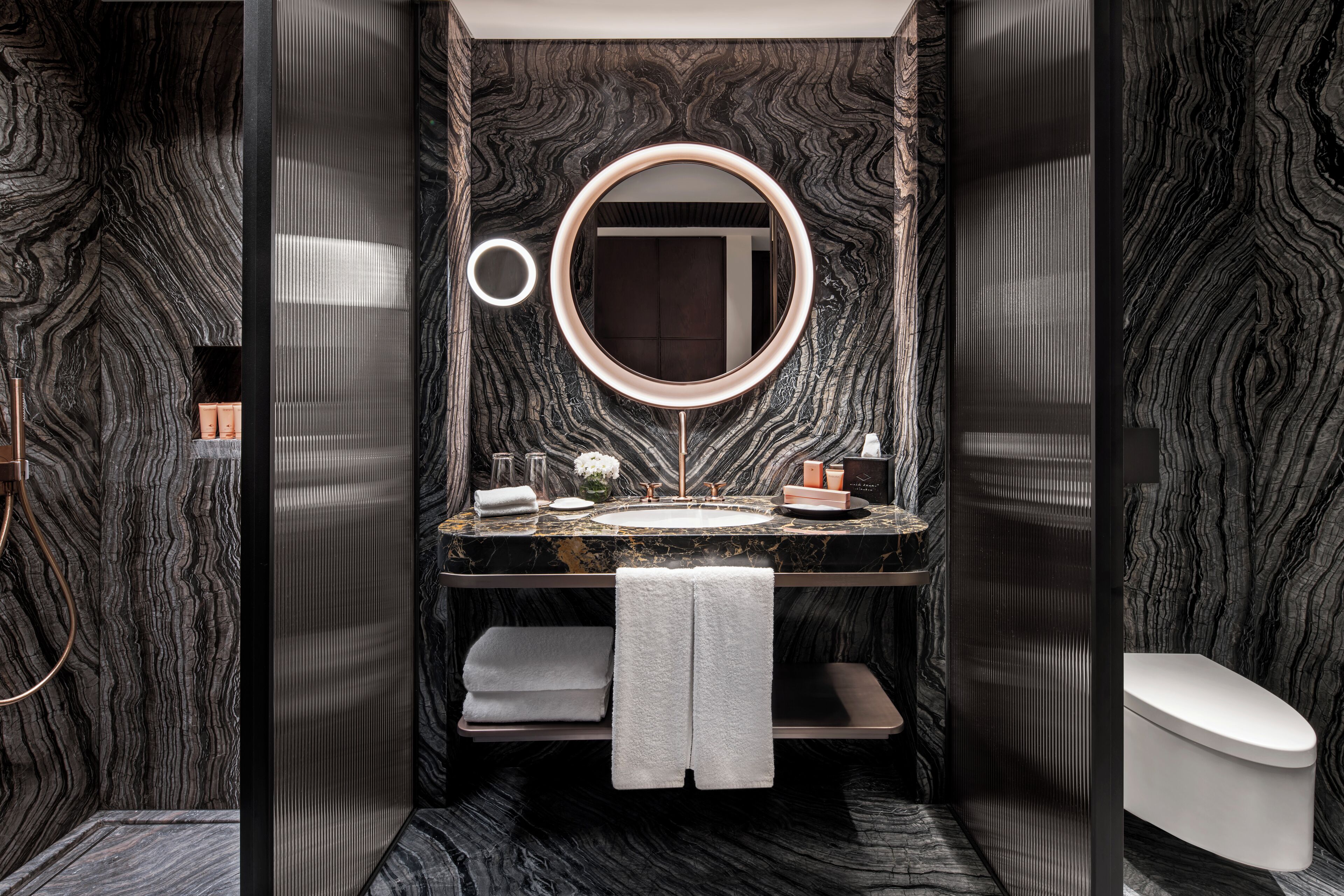 separate bathtub and shower, designer toiletries, hair dryer, bathrobes