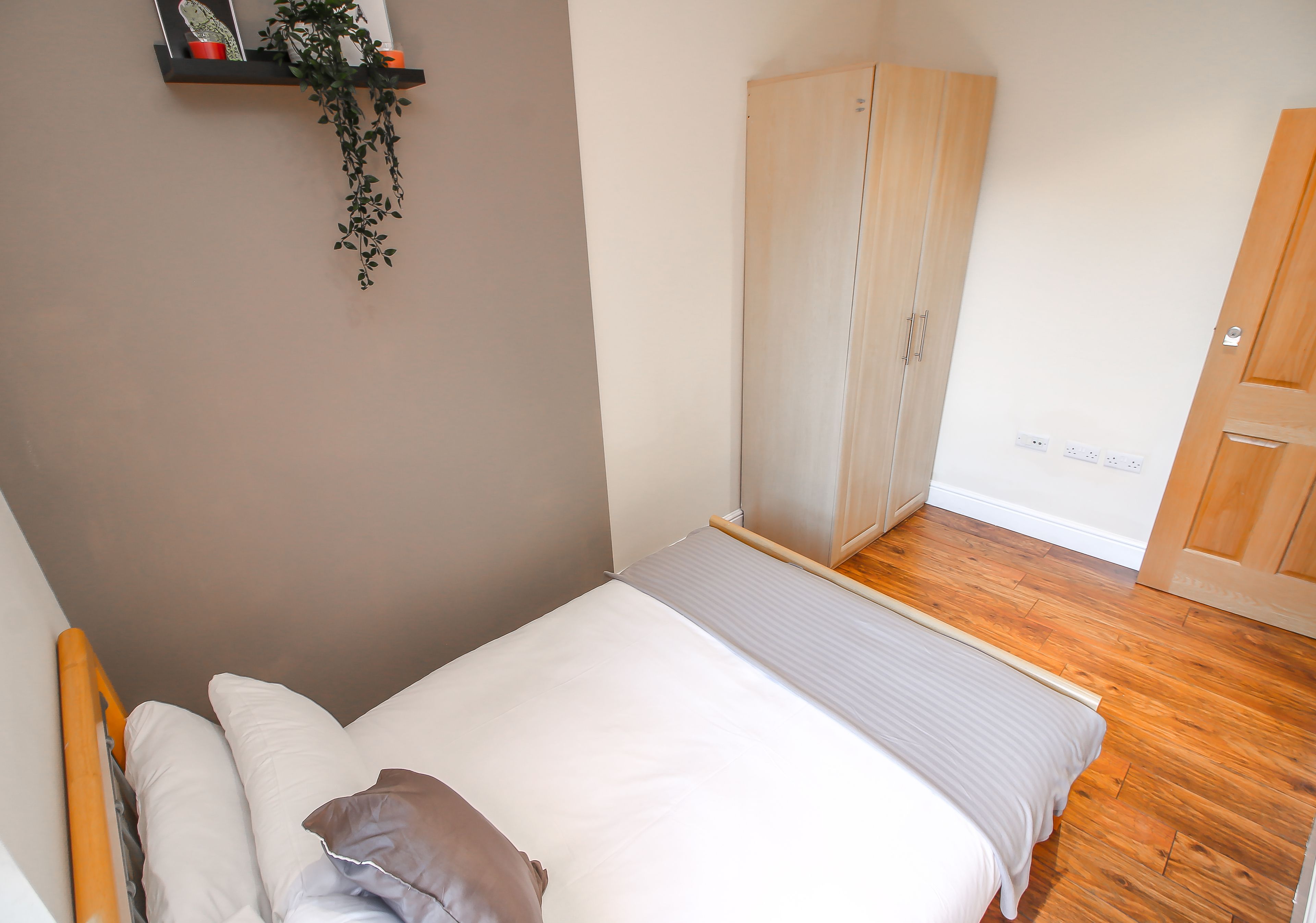 A bedroom with a bed, a wardrobe, a shelf with plants, and a door.
