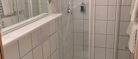 Une salle de bain avec douche, toilettes et lavabo.