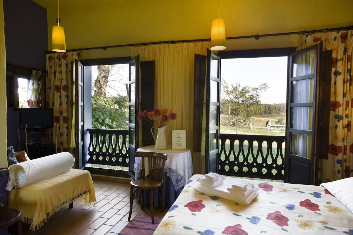A room with a bed, a chair, a small table with a vase of flowers, and a view of the outdoors through open windows.