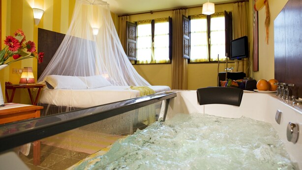 A hotel room with a bed, a bathtub, a TV, and a window with curtains. - Hotel Rural La Llosa de Fombona (Gozon)