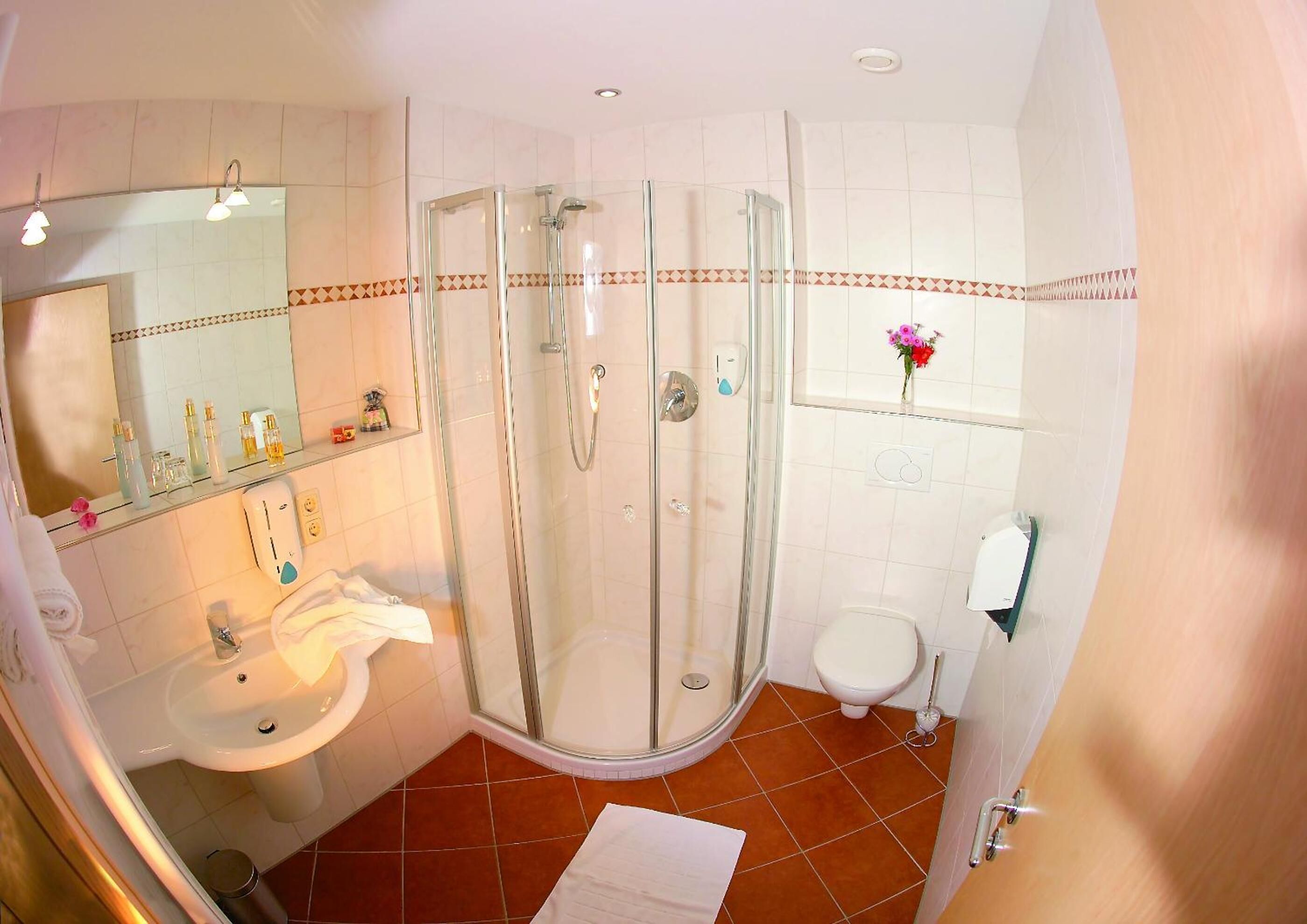 shower, free toiletries, hair dryer, towels