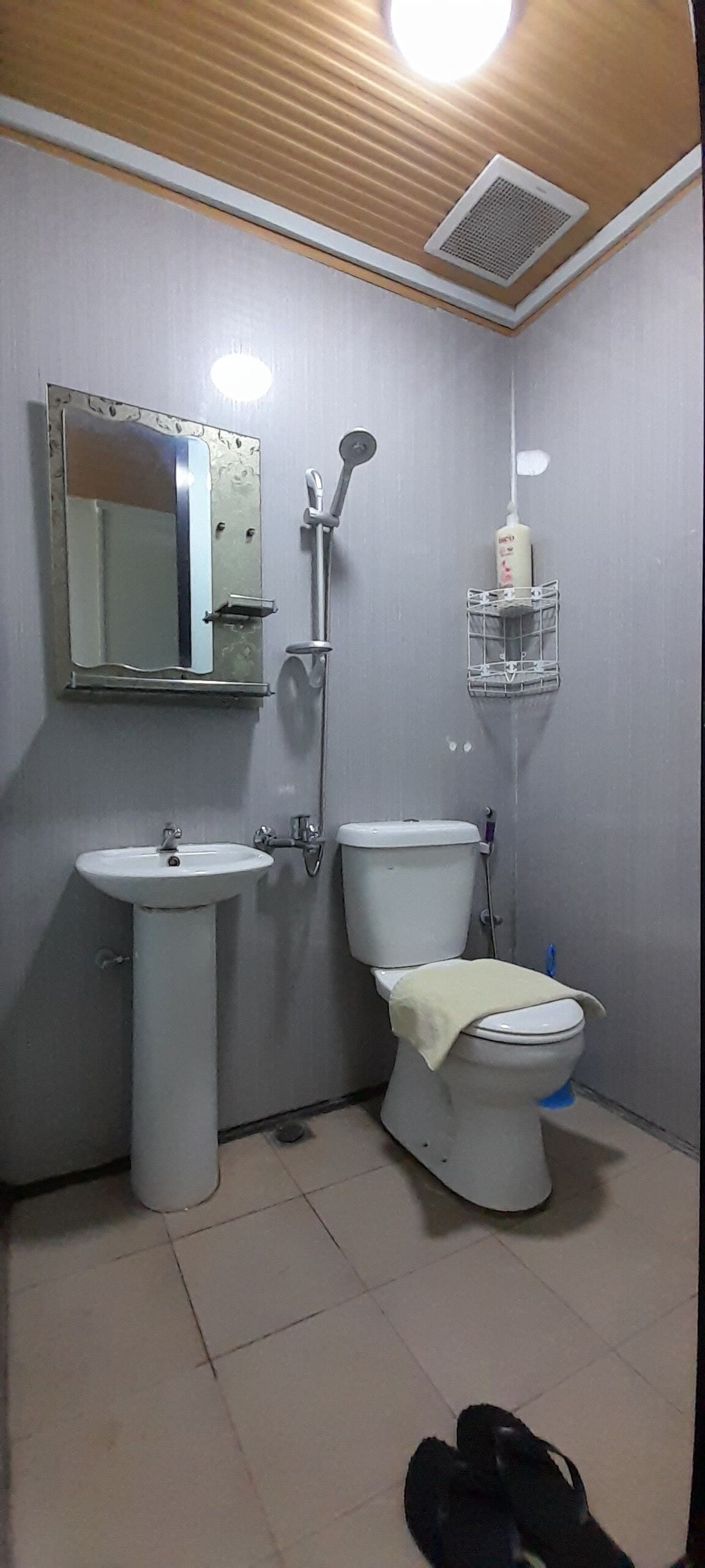 A bathroom with a sink, toilet, and shower.