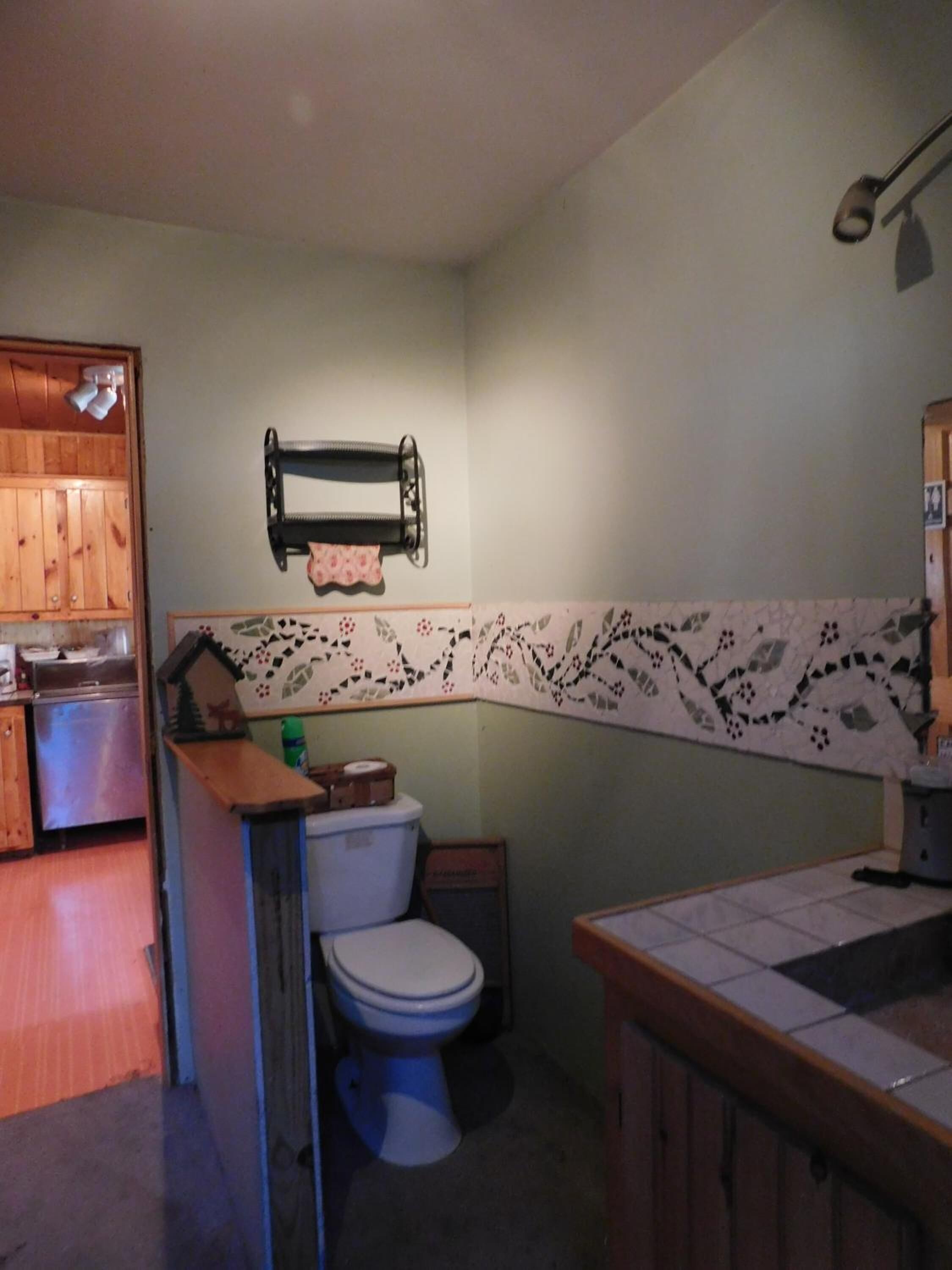 Une petite salle de bain comprenant des toilettes, un lavabo et un espace douche.