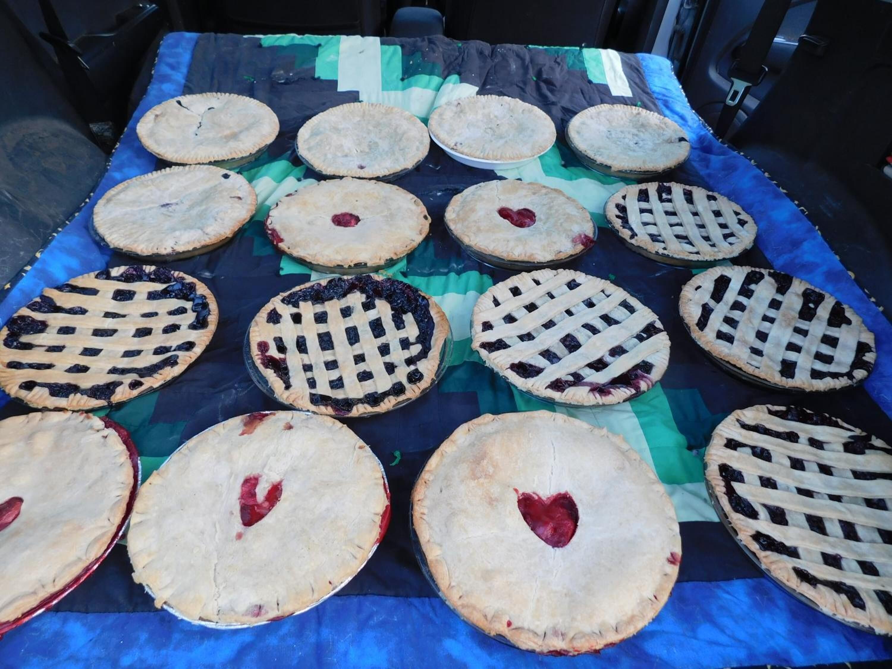 A variety of pies on a table covered with a blue and green blanket.