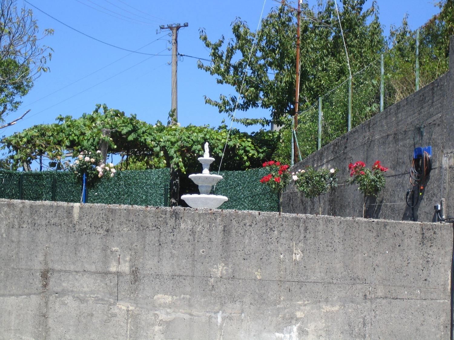 Paret de formigó amb una font de pedra blanca al centre, envoltada de vegetació i una paret de pedra amb flors vermelles.