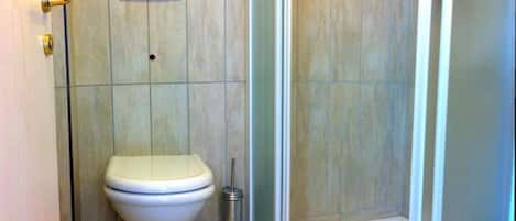 Een badkamer met een toilet, een douchegedeelte en een wandlamp.