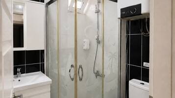 A bathroom with a glass-enclosed shower, a white toilet, and a sink with a mirror.