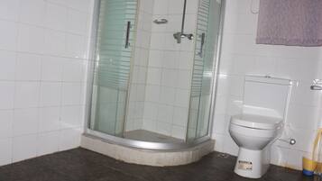 A bathroom with a glass-enclosed shower, a toilet, and a bathtub.