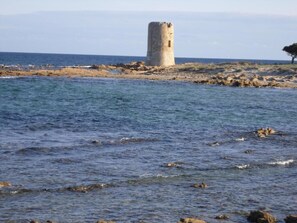 Un paysage côtier avec une tour de pierre au bord de la mer.