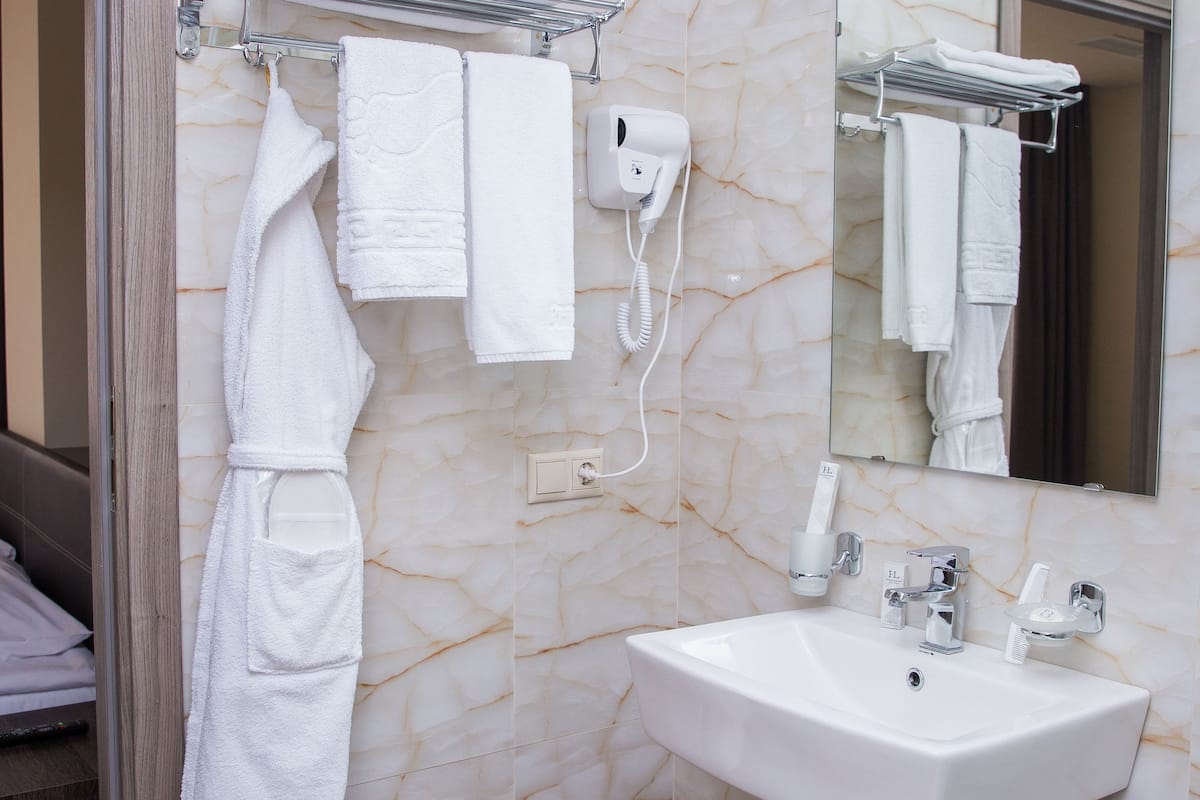 economy double room | bathroom | shower, free toiletries, hair dryer, bathrobes