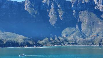 A coastal town with a mountain backdrop, a boat on the water, and buildings along the shore.