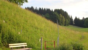 A bench in a grassy field with a metal gate and trees in the background. - Hotel Schindelberg (Oberstaufen)