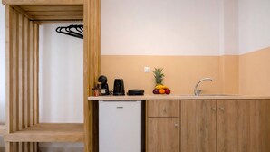 A compact kitchen with a built-in refrigerator, wooden cabinets, a sink, and a countertop with a fruit bowl. - Nel Mare Studios (Zakynthos)