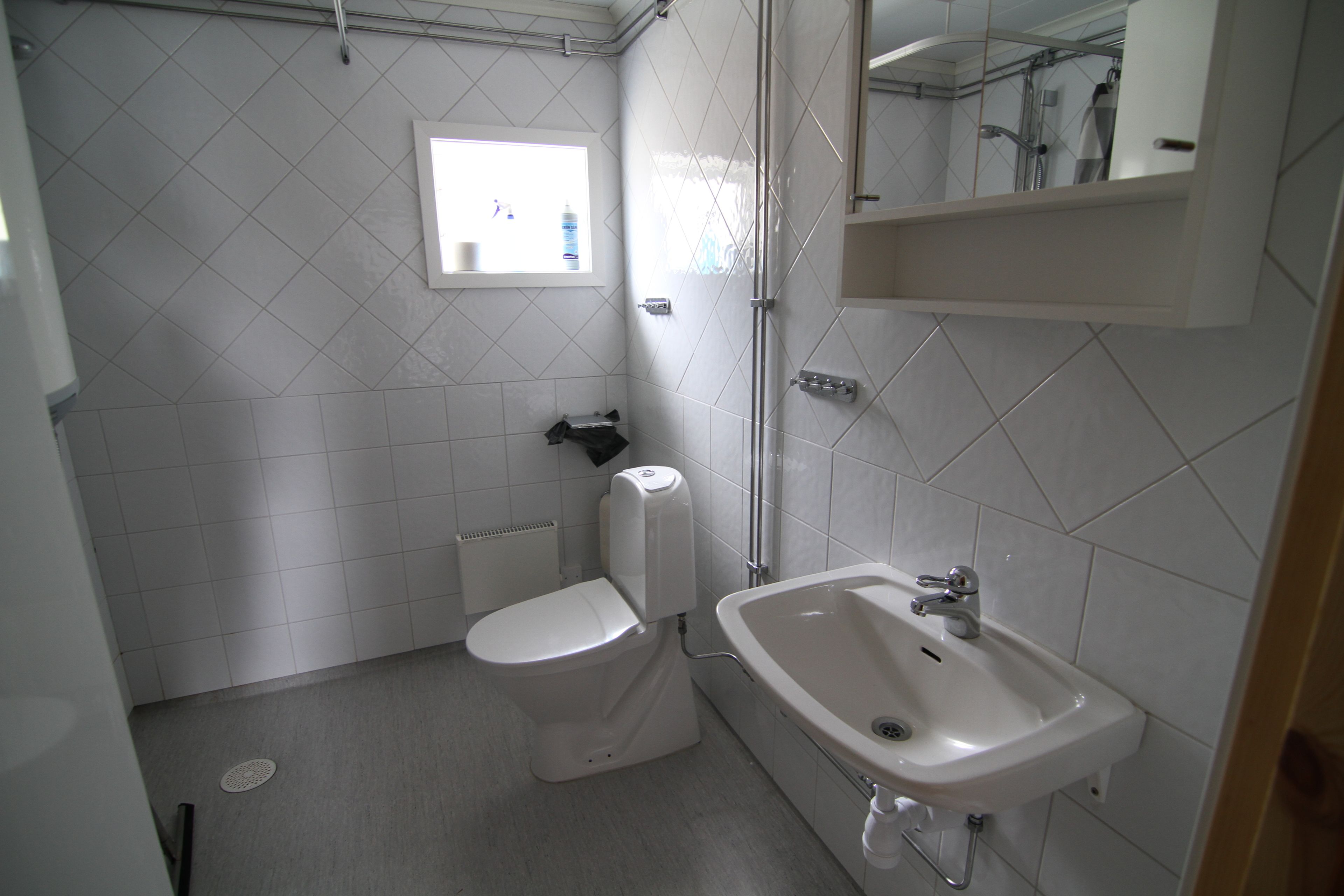 A bathroom with a toilet, sink, and a window.