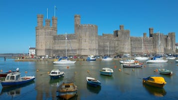 A historic castle with a moat and several boats docked in the water.