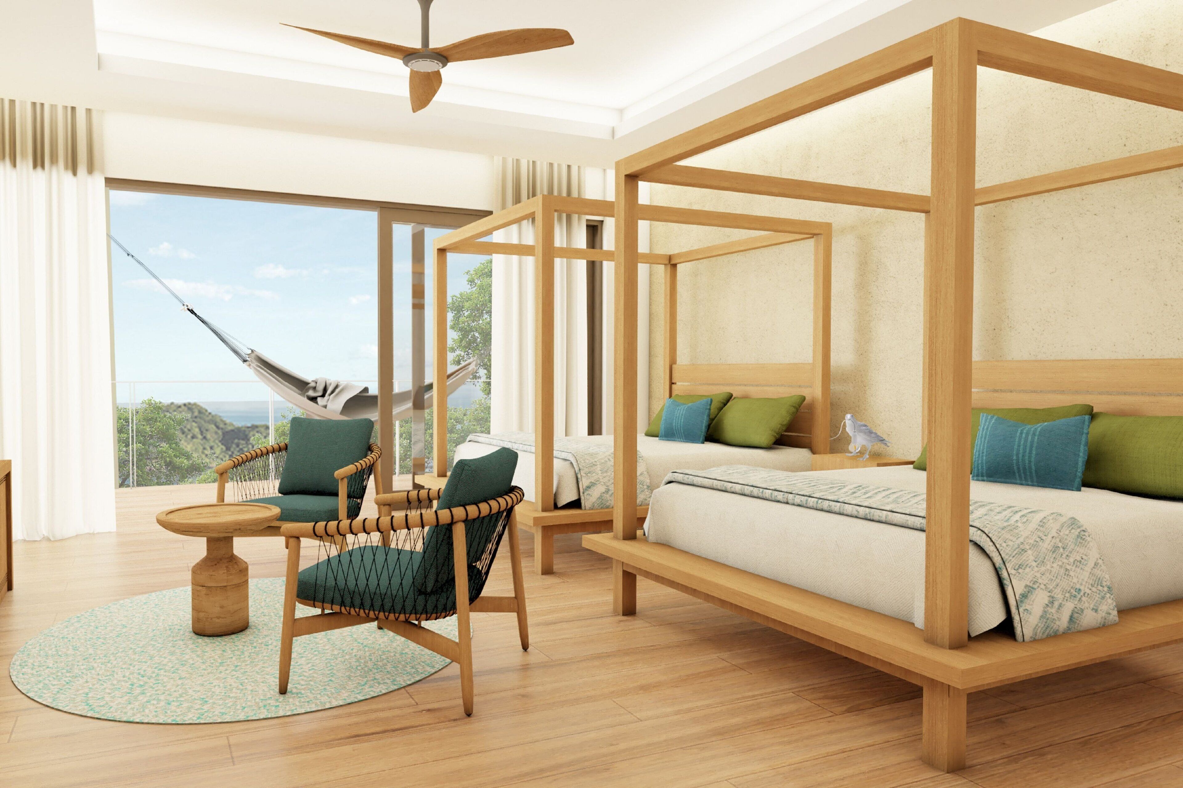 A spacious room with a large bed, a hammock, and a seating area with a table.