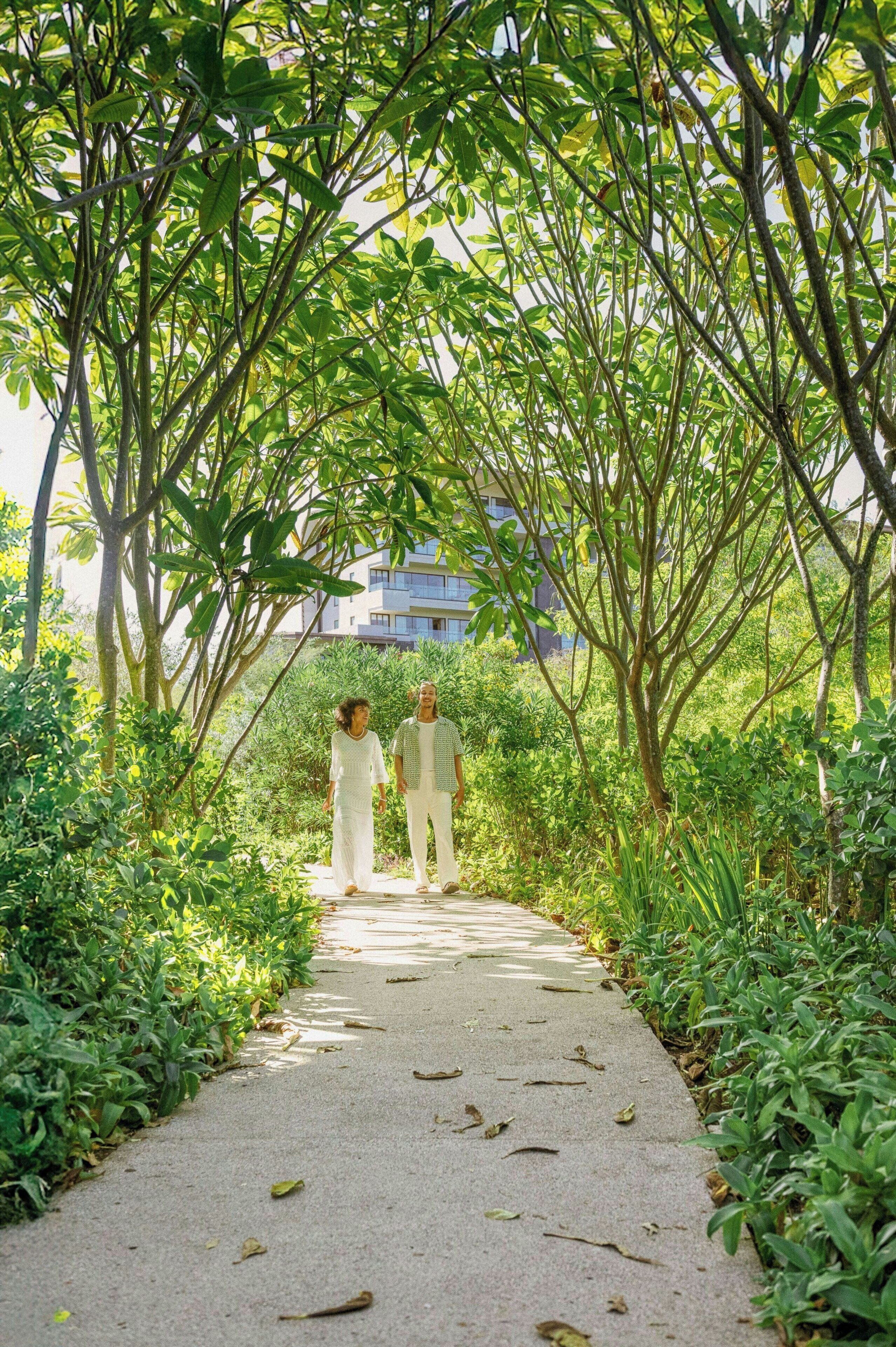 A pathway surrounded by lush greenery and trees, leading to a building with a modern design.