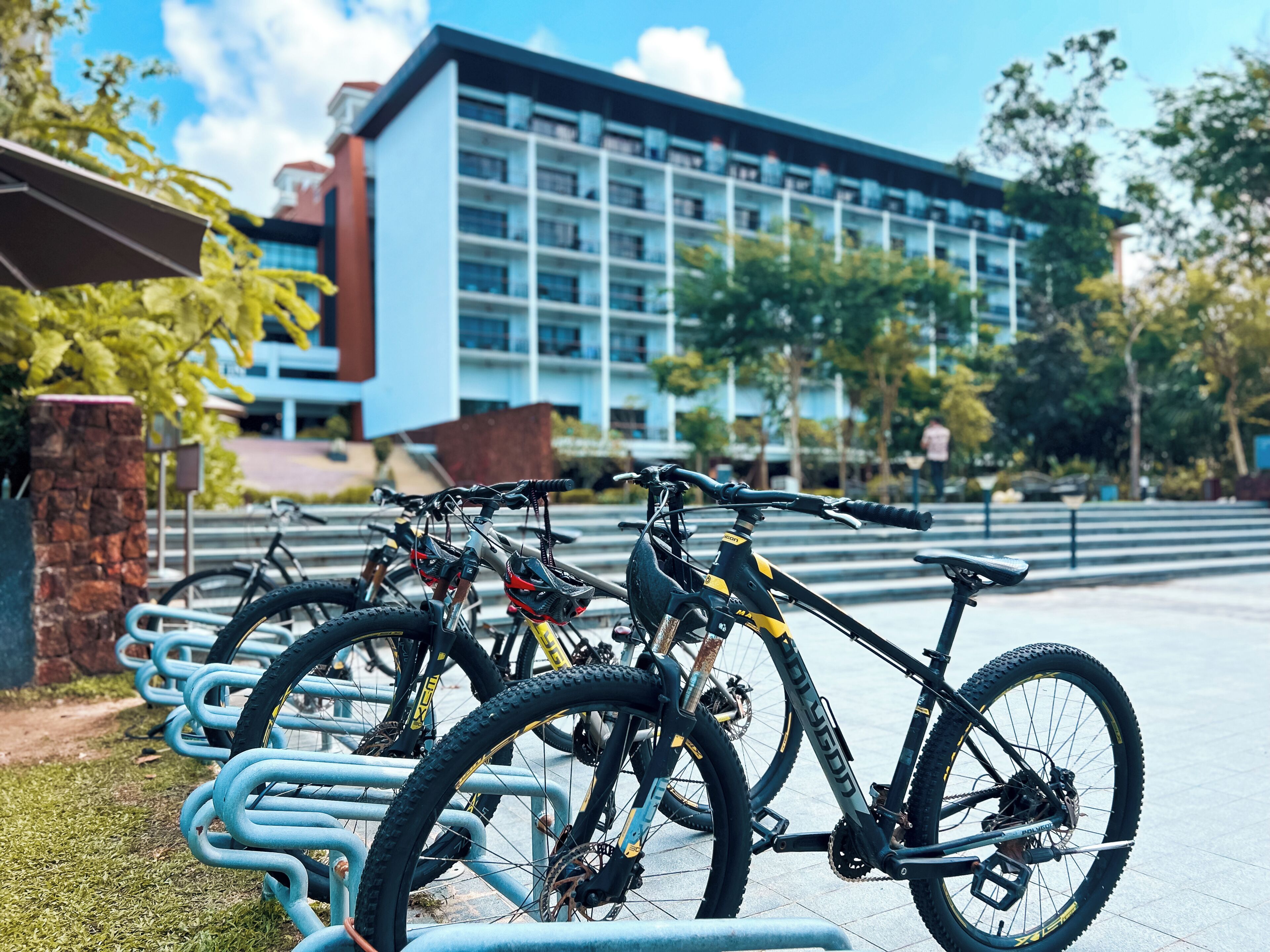 Eine Reihe von Fahrrädern, die an einem Fahrradständer vor einem modernen Gebäude geparkt sind, mit einer Treppe zum Eingang.