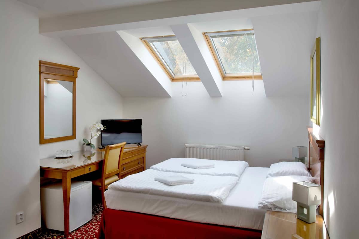 A hotel room with a bed, a desk, a television, and skylights.
