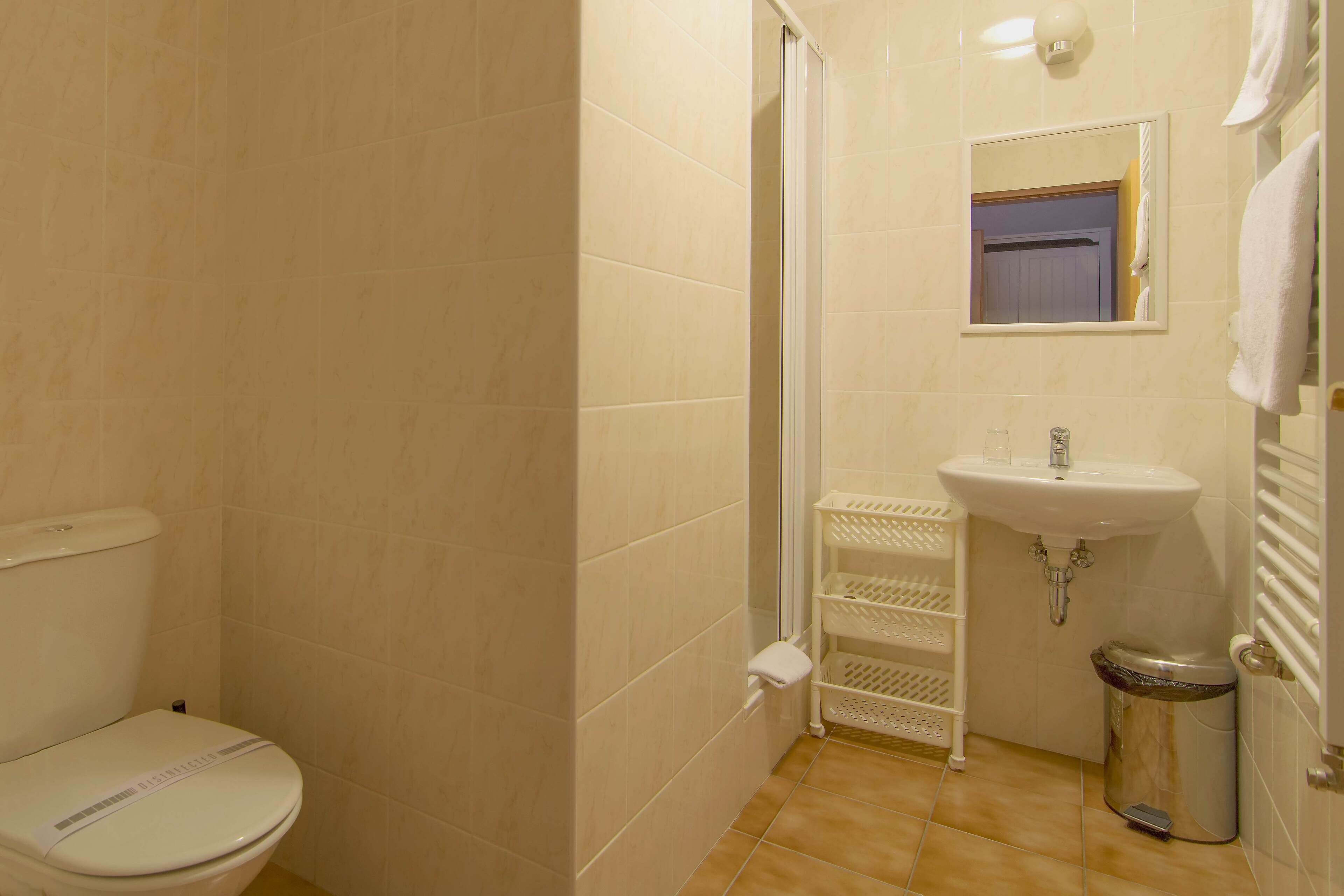 A bathroom with a toilet, sink, and shower.