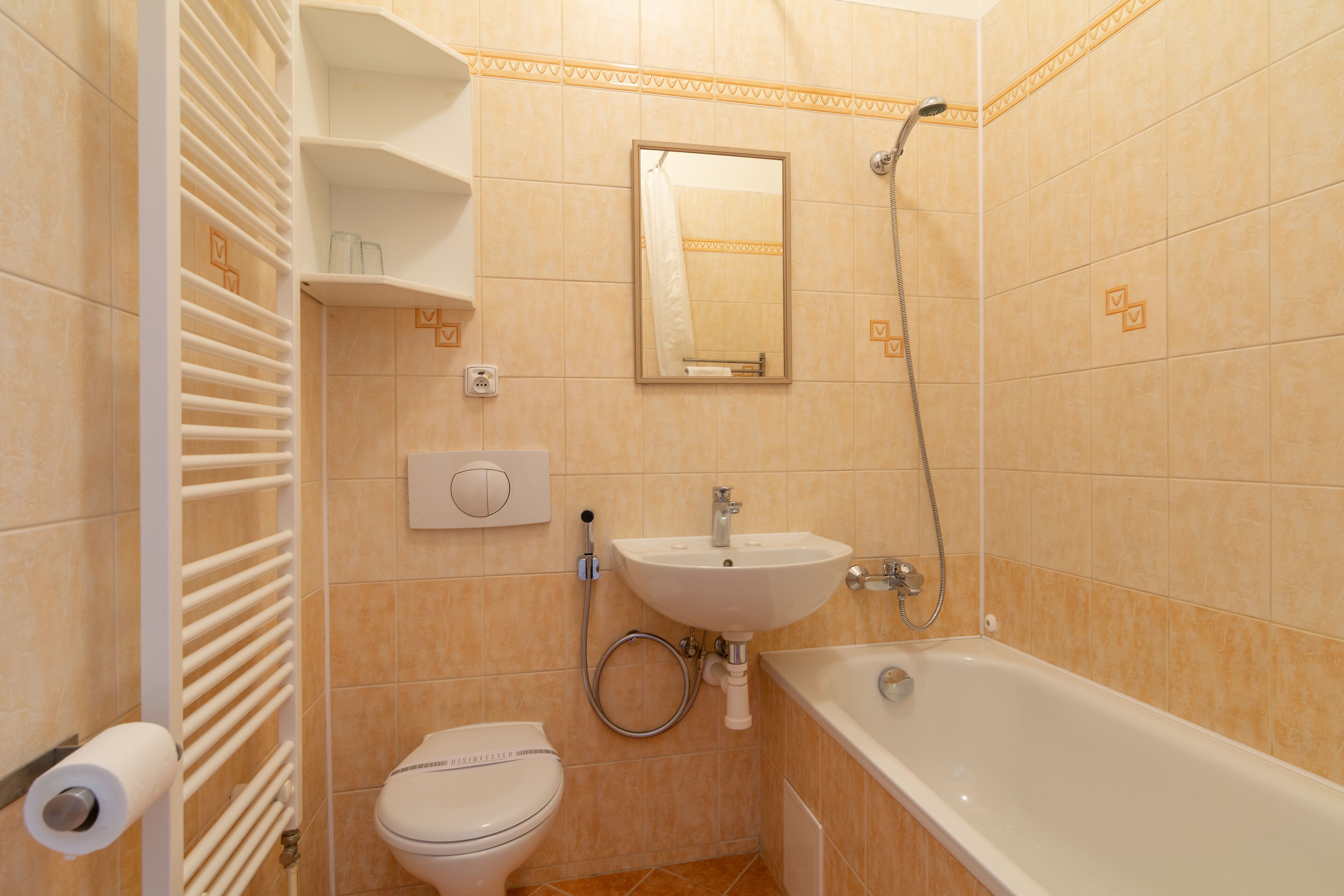 hair dryer, towels, soap, shampoo