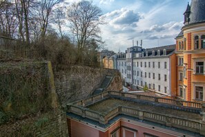 A historic building with a stone staircase leading to a terrace. - Hotel Romania (Karlovy Vary)