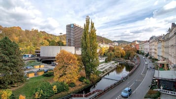 A riverside urban area with a modern building, a bridge, and a mix of greenery and architecture.