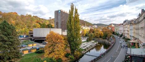 A riverside urban area with a modern building, a bridge, and a mix of greenery and architecture.