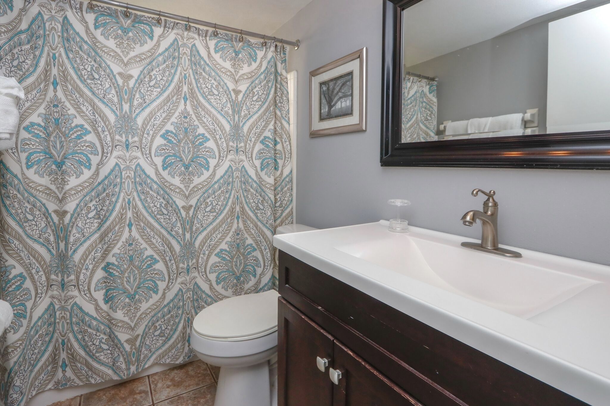 A bathroom with a patterned shower curtain, a white sink, a mirror, and a framed picture on the wall.