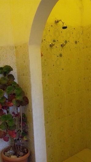 Habitación familiar, varias camas, patio | Ducha del cuarto de baño