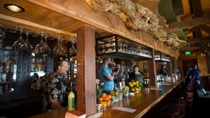 A bar with wooden ceiling and bar stools.