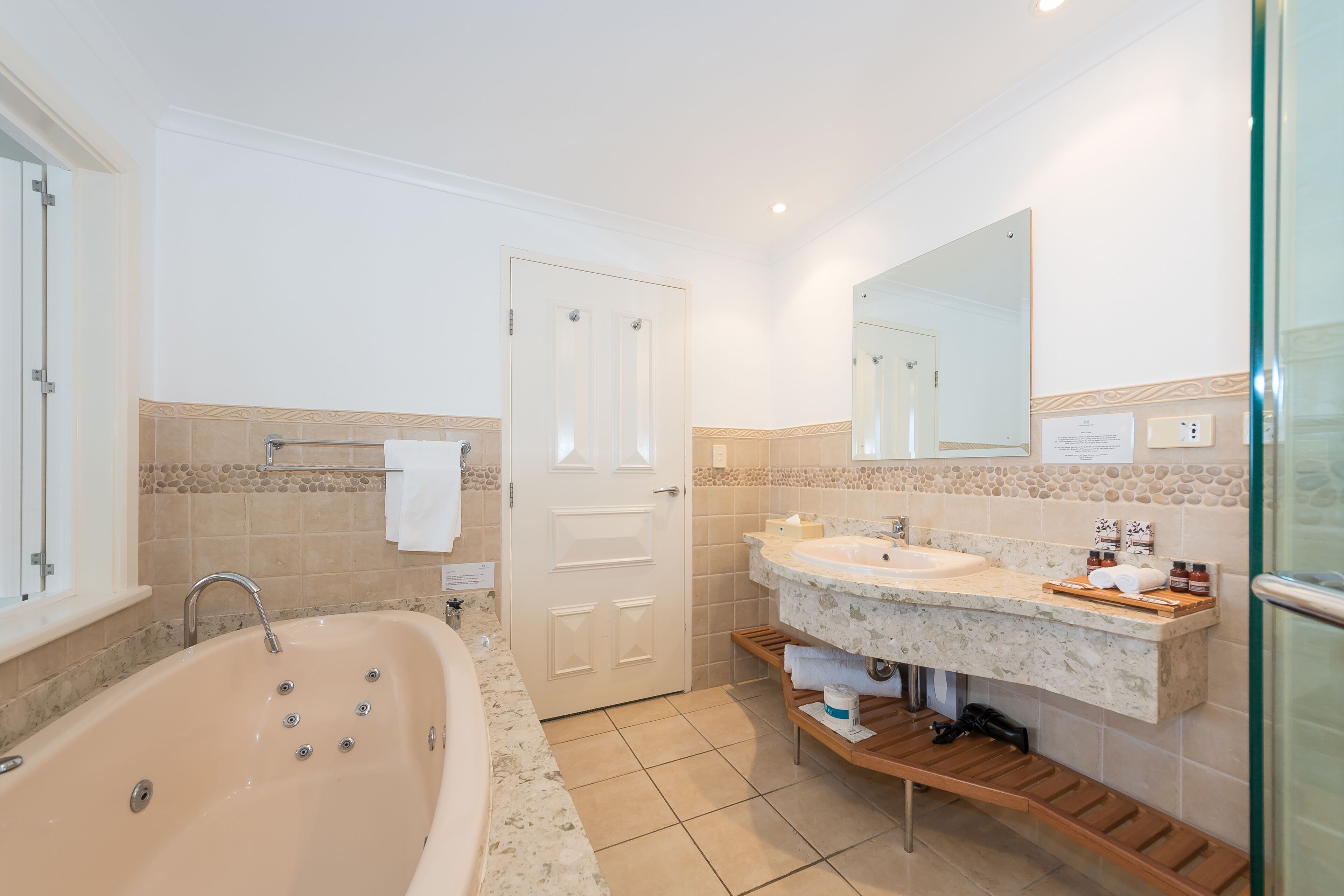 free toiletries, hair dryer, bathrobes, towels